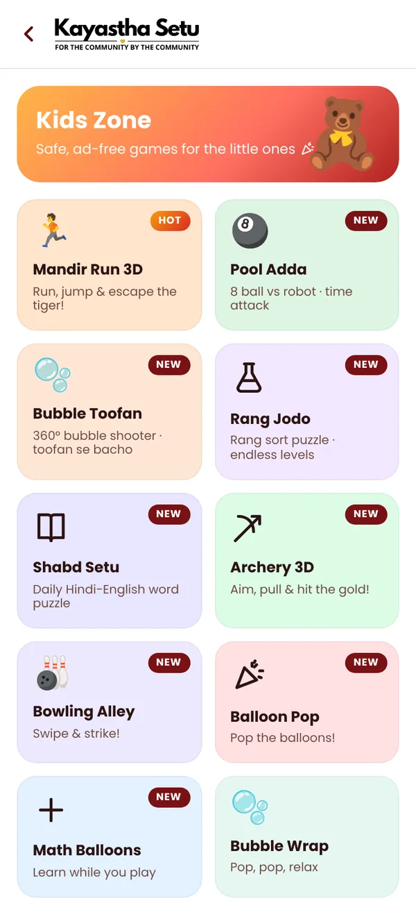 Kids Zone Games screen in the Kayastha Setu app