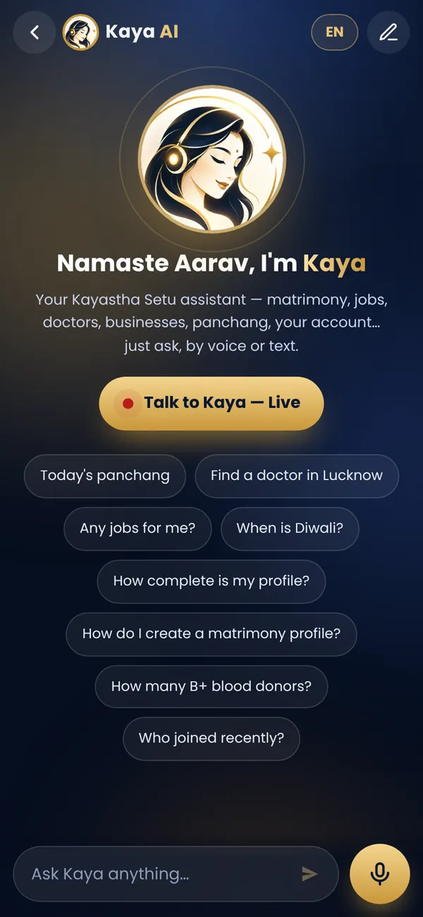 Kaya — AI Assistant screen in the Kayastha Setu app